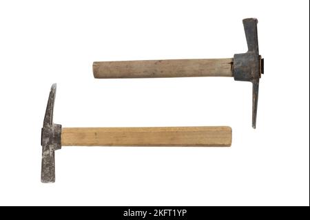Old rusty bricklayer`s hammer. isolated on white background Stock Photo